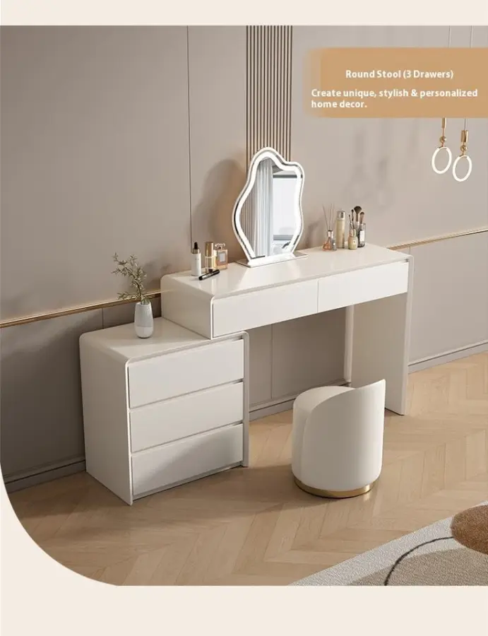 2025 Simple Modern Solid Wood Dressing Table with Cream Style Bucket Cabinet Integrated Design for Hotel Bedroom Baking Paint — image 5