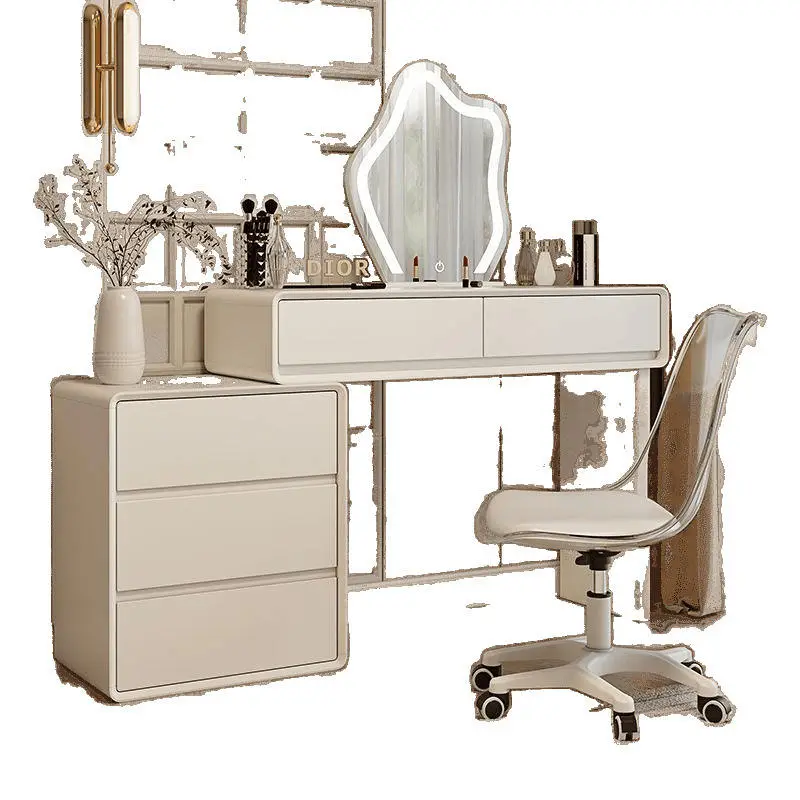 Solid Wood Makeup Vanities Integrated Bucket Cabinet Baking Varnish Dressing Table Cream Style for Small Apartments Fact — view 1