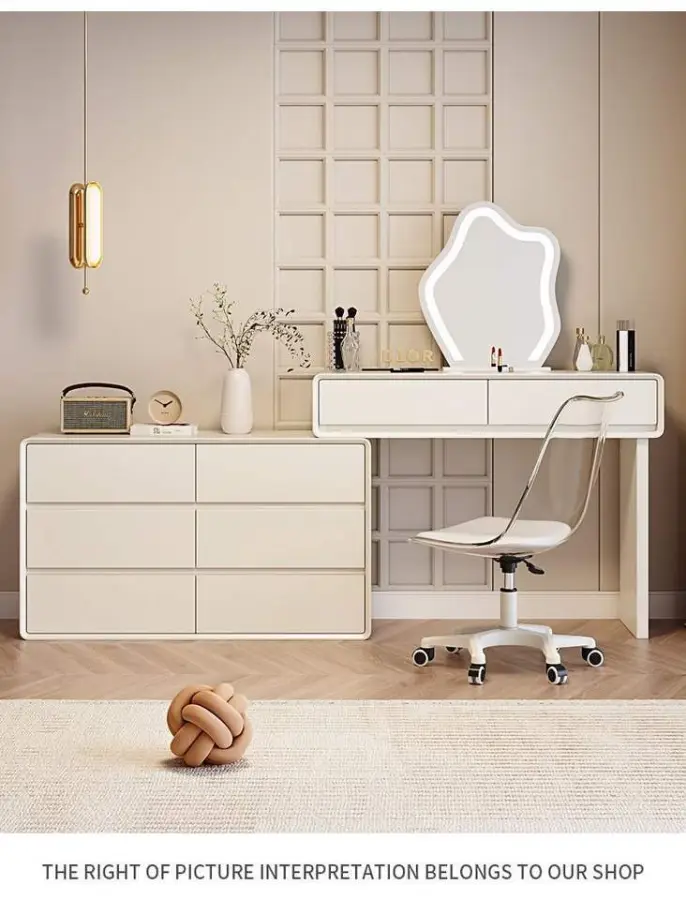 Solid Wood Makeup Vanities Integrated Bucket Cabinet Baking Varnish Dressing Table Cream Style for Small Apartments Factory — image 5