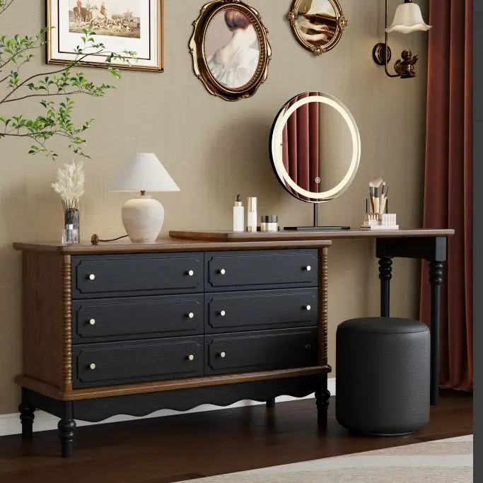 French Retro Modern Simple Solid Wood Makeup Vanity Integrated Bucket Cabinet Retractable Table for Master Bedroom Dressing — image 5