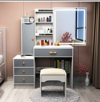 Modern European White Makeup Vanity Set with 3 Color Light Modes Mirror Drawers Stool for Apartment & Hotel Use — view 1