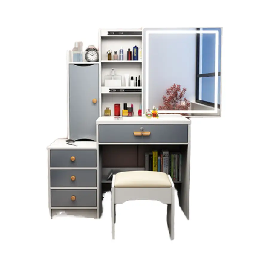 Modern European White Makeup Vanity Set with 3 Color Light Modes Mirror Drawers Stool for Apartment & Hotel Use — image 3