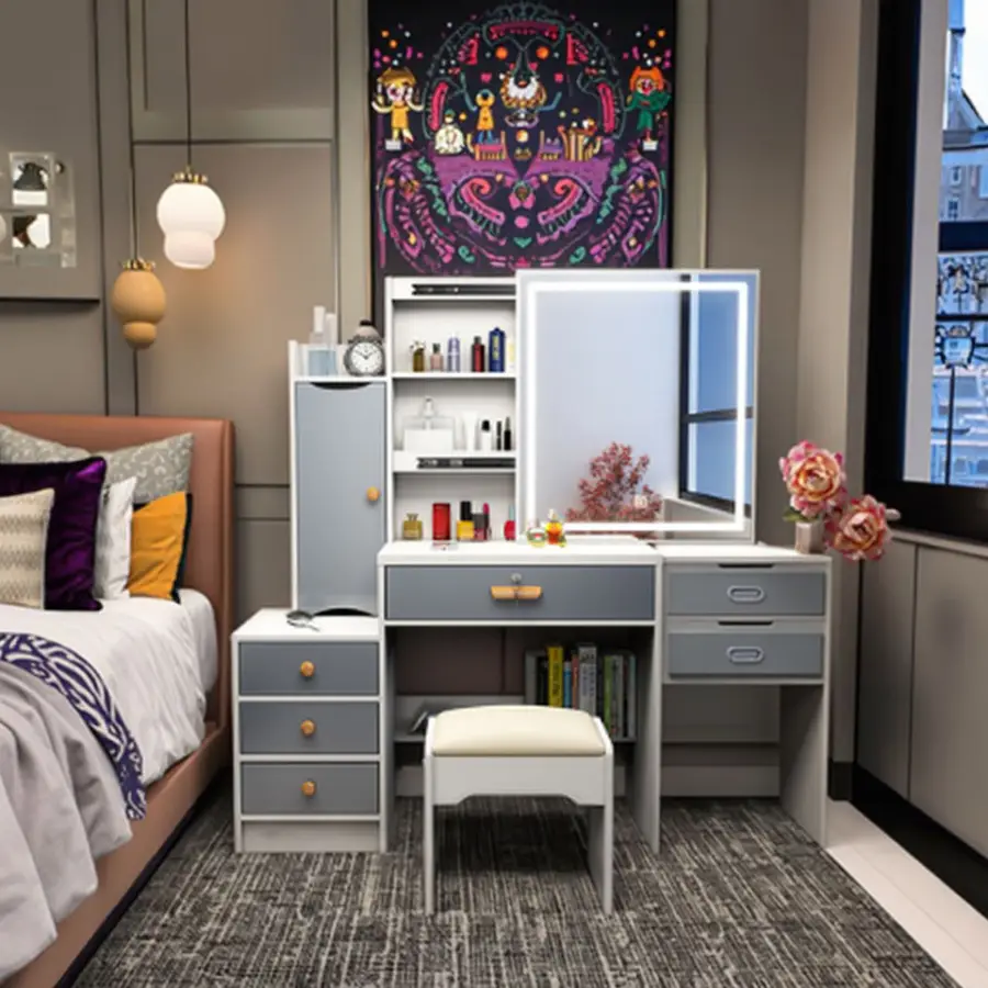 Modern European White Makeup Vanity Set with 3 Color Light Modes Mirror Drawers Stool for Apartment & Hotel Use — image 4