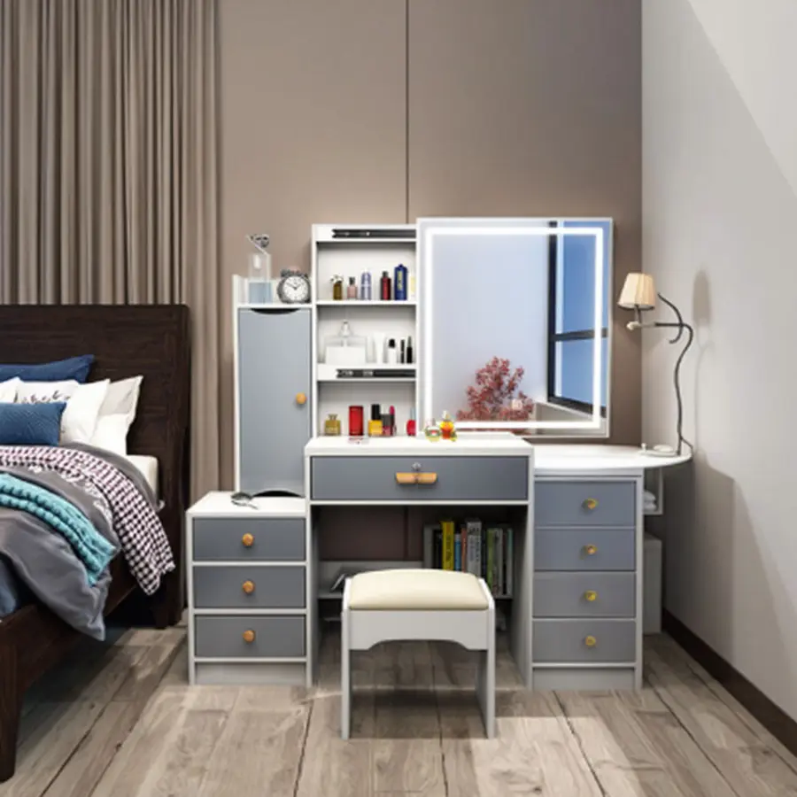 Modern European White Makeup Vanity Set with 3 Color Light Modes Mirror Drawers Stool for Apartment & Hotel Use — image 5