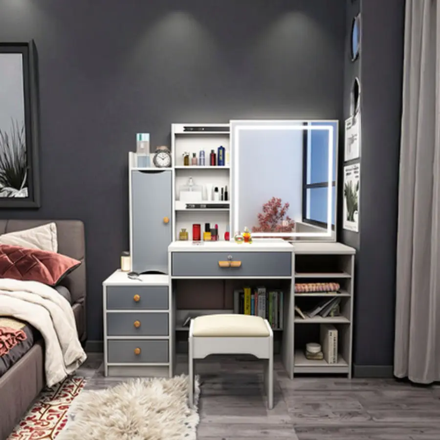 Modern European White Makeup Vanity Set with 3 Color Light Modes Mirror Drawers Stool for Apartment & Hotel Use — image 6