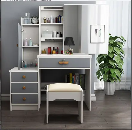 Modern European White Makeup Vanity Set Storage 3 Color Light Modes Height Adjustable Sliding Mirror Drawers Stool Bedro — view 1