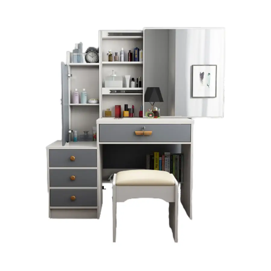 Modern European White Makeup Vanity Set Storage 3 Color Light Modes Height Adjustable Sliding Mirror Drawers Stool Bedroom Hotel — image 3