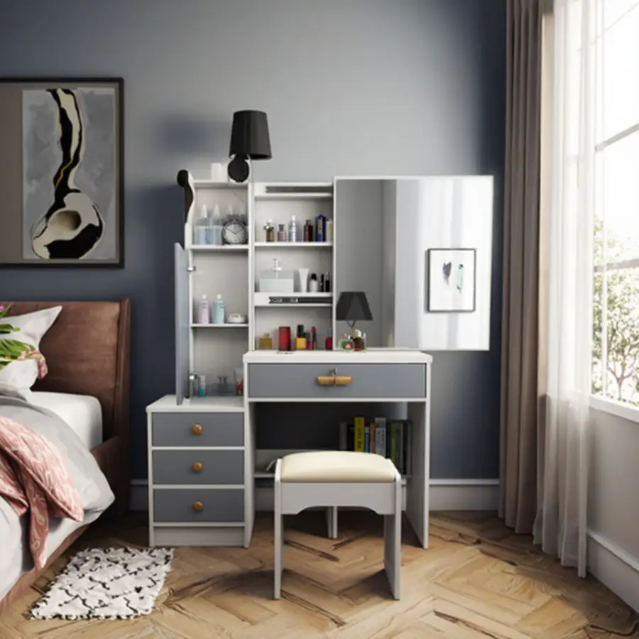 Modern European White Makeup Vanity Set Storage 3 Color Light Modes Height Adjustable Sliding Mirror Drawers Stool Bedroom Hotel — image 4