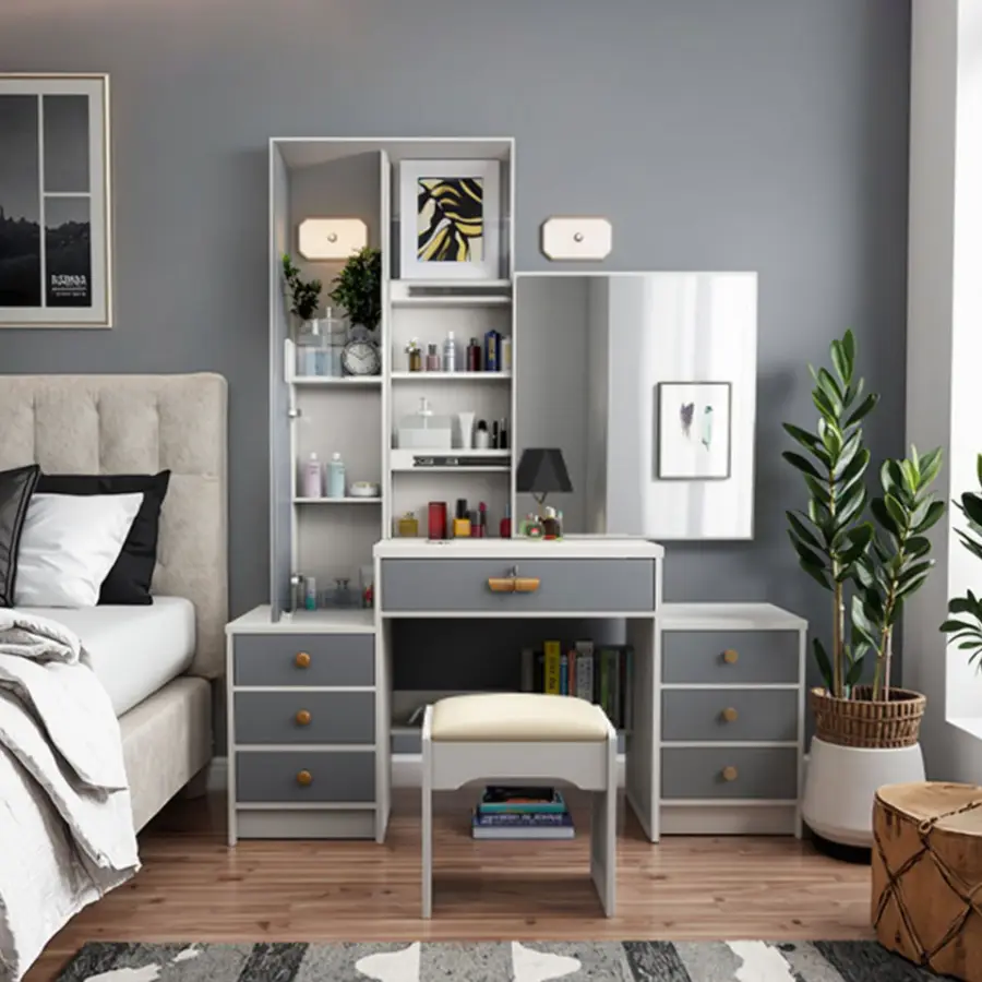 Modern European White Makeup Vanity Set Storage 3 Color Light Modes Height Adjustable Sliding Mirror Drawers Stool Bedroom Hotel — image 5