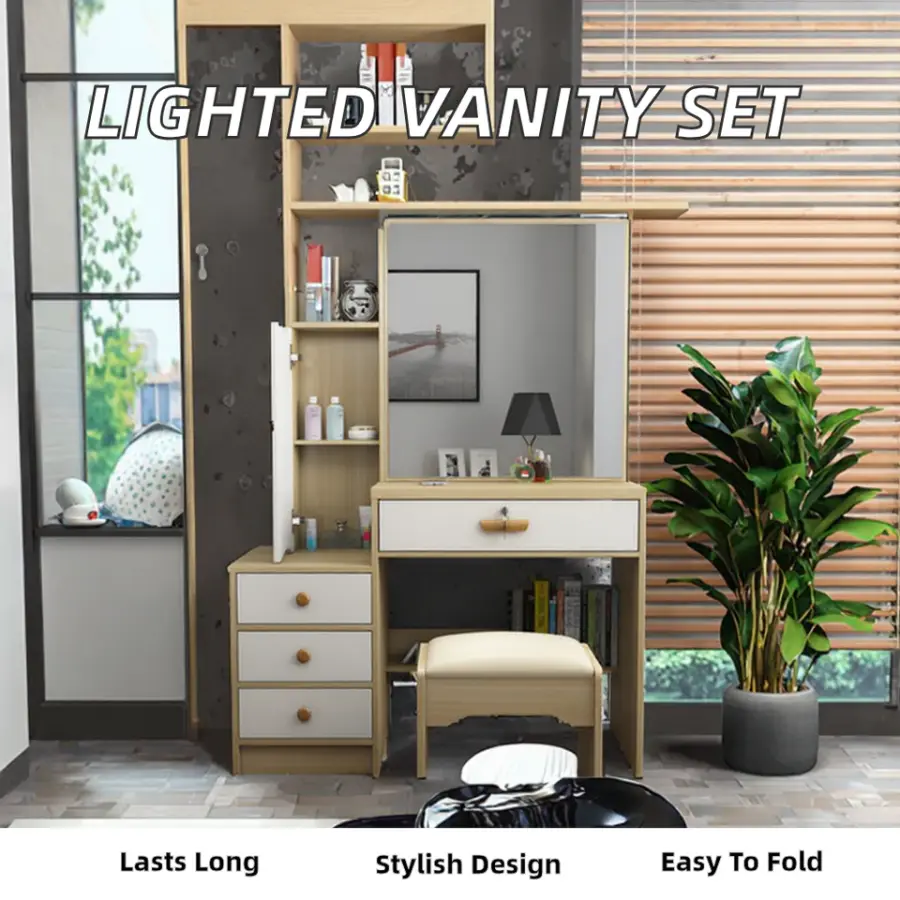 Modern European Solid Wood Home Bedroom Furniture Set Durable Lighted Mirror Makeup Dressing Table Baobei — image 2