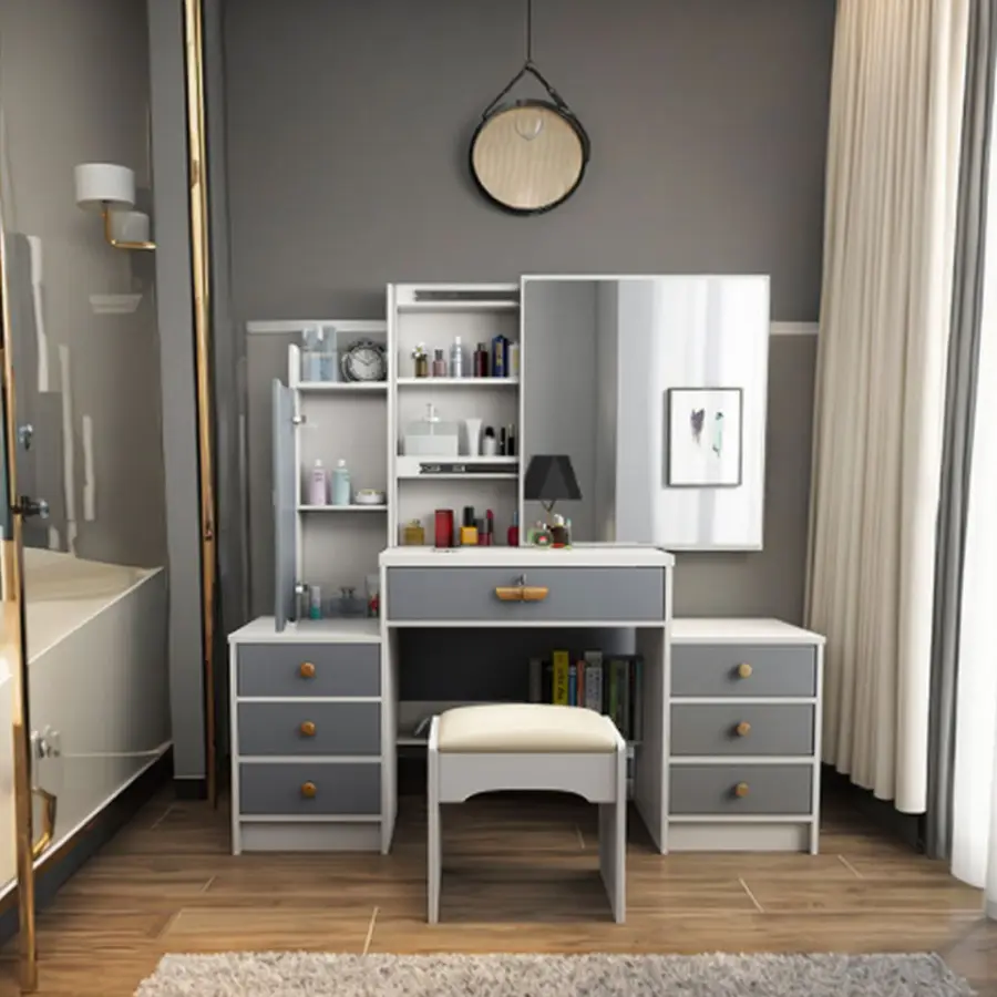 Modern European White Makeup Vanity Set Storage 3 Color Light Modes Height Adjustable Sliding Mirror Drawers Stool Bedroom Hotel — image 6