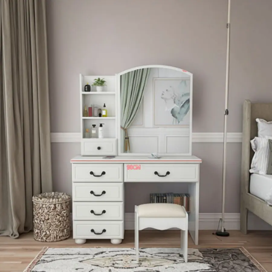Nordic Modern Minimalist Bedroom Dressing Table LED Lights White Storage Vanity Mirror Particle Board Panel Hotel Apartment Use — image 2