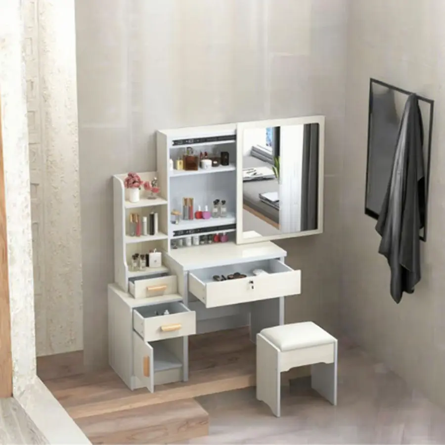 Modern White Dressing Table Adjustable Height Lighted Mirror MDF Material Hot Selling Cheap Bedroom Furniture Panel Wood Style — image 2