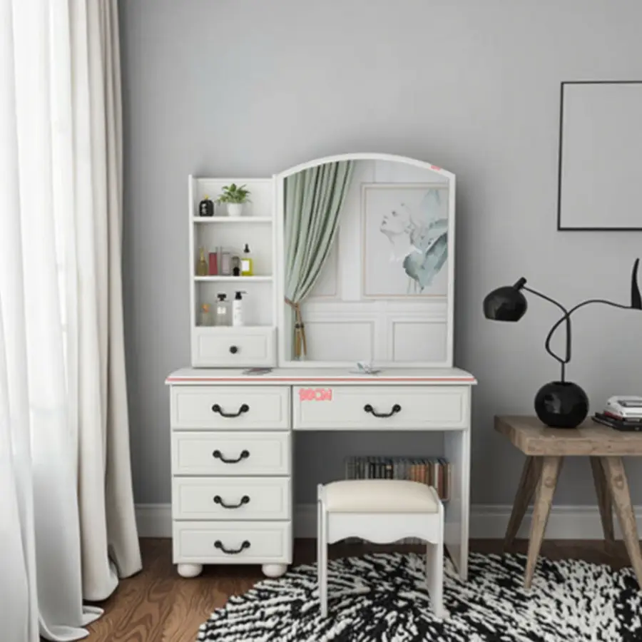 Nordic Modern Minimalist Bedroom Dressing Table LED Lights White Storage Vanity Mirror Particle Board Panel Hotel Apartment Use — image 6
