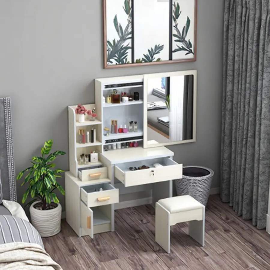 Modern White Dressing Table Adjustable Height Lighted Mirror MDF Material Hot Selling Cheap Bedroom Furniture Panel Wood Style — image 5
