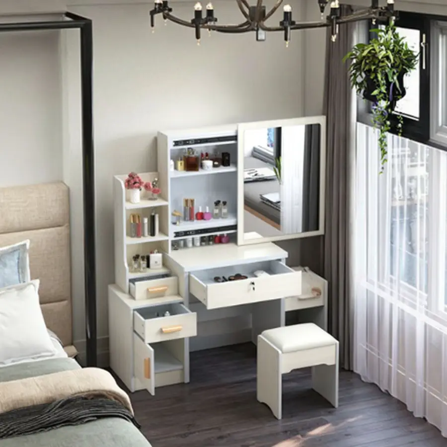 Modern White Dressing Table Adjustable Height Lighted Mirror MDF Material Hot Selling Cheap Bedroom Furniture Panel Wood Style — image 6