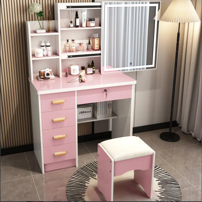 Nordic Modern Design Bedroom Dressing Table Vanity Mirror Minimalist Multifunctional High-End Lighted Adjustable MDF Pan — view 1