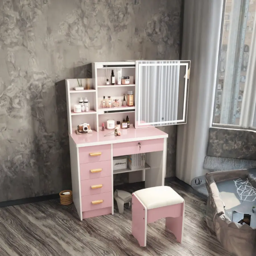 Nordic Modern Design Bedroom Dressing Table Vanity Mirror Minimalist Multifunctional High-End Lighted Adjustable MDF Panel High — image 2