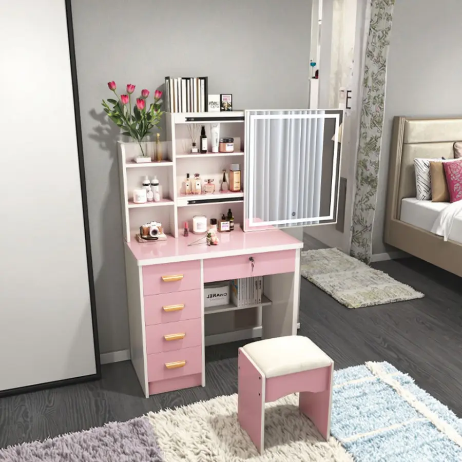 Nordic Modern Design Bedroom Dressing Table Vanity Mirror Minimalist Multifunctional High-End Lighted Adjustable MDF Panel High — image 4
