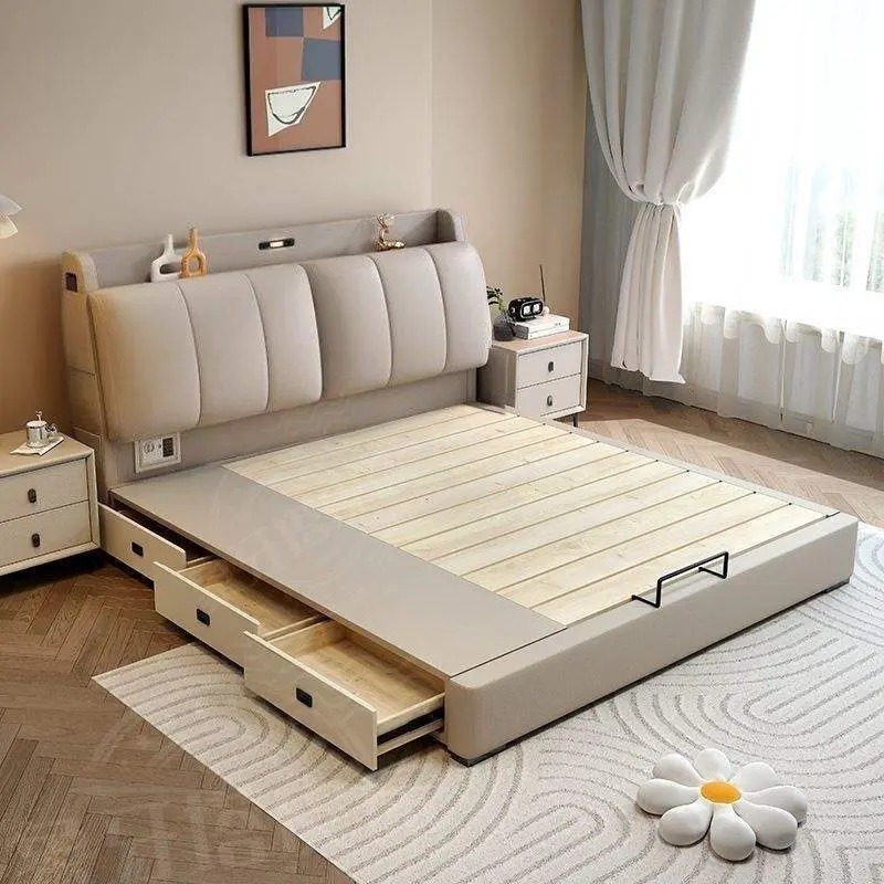 Modern Cream King Leather Bed with Drawers Soft Upholstered Master Bedroom Furniture Factory Direct Source — view 1