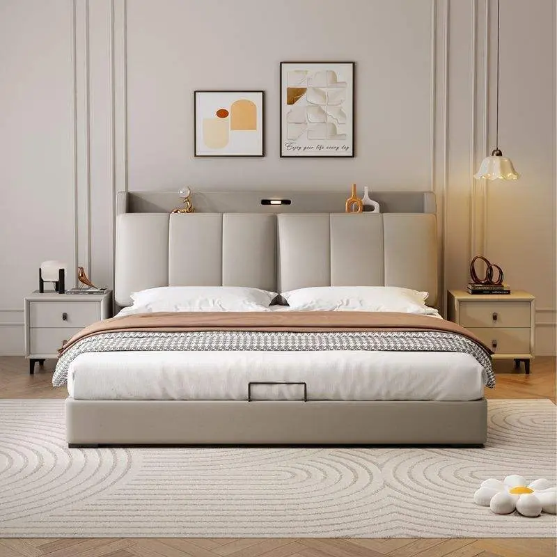 Modern Cream King Leather Bed with Drawers Soft Upholstered Master Bedroom Furniture Factory Direct Source — image 2
