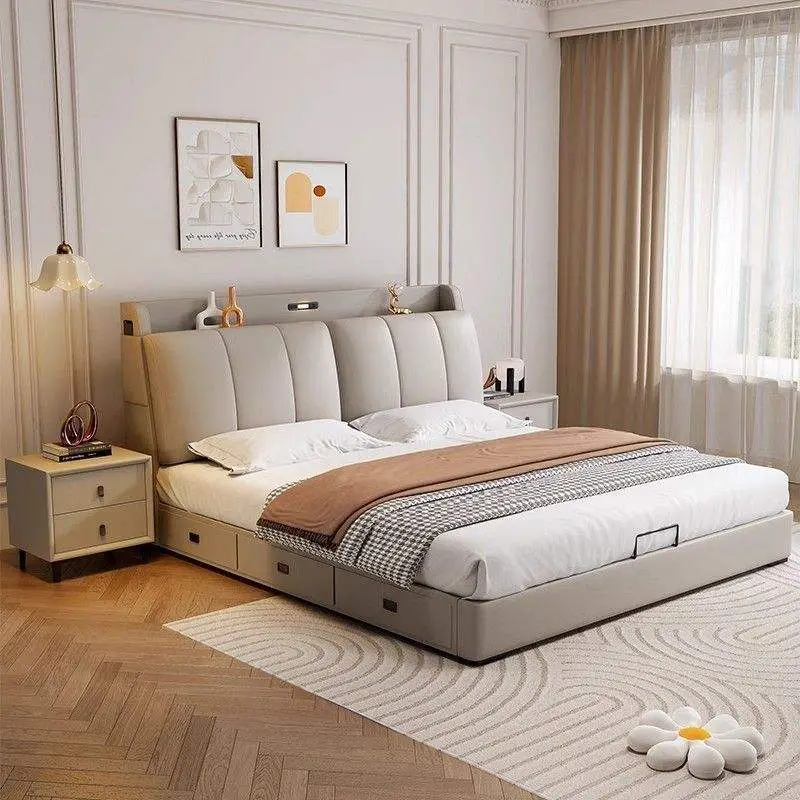 Modern Cream King Leather Bed with Drawers Soft Upholstered Master Bedroom Furniture Factory Direct Source — image 3