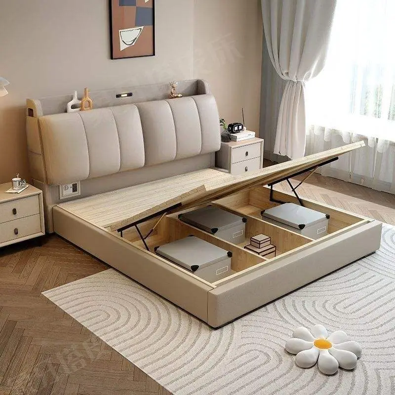 Modern Cream King Leather Bed with Drawers Soft Upholstered Master Bedroom Furniture Factory Direct Source — image 4