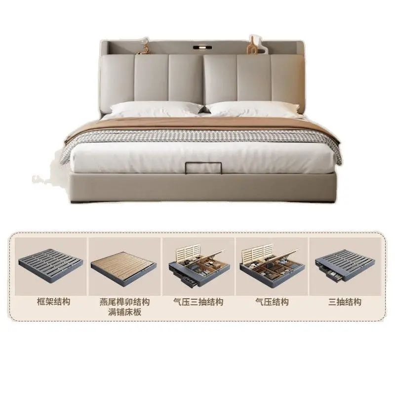 Modern Cream King Leather Bed with Drawers Soft Upholstered Master Bedroom Furniture Factory Direct Source — image 5