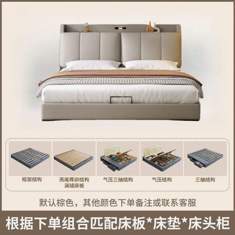 Modern Cream King Leather Bed with Drawers Soft Upholstered Master Bedroom Furniture Factory Direct Source — image 6