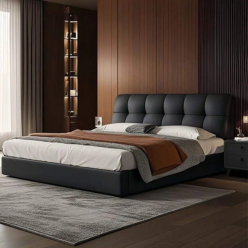 Italian Puff Minimalist Leather Bed Modern Light Luxury Master Bedroom Soft Leather Art Bed Up-Holstered Double Bed for Small — image 2