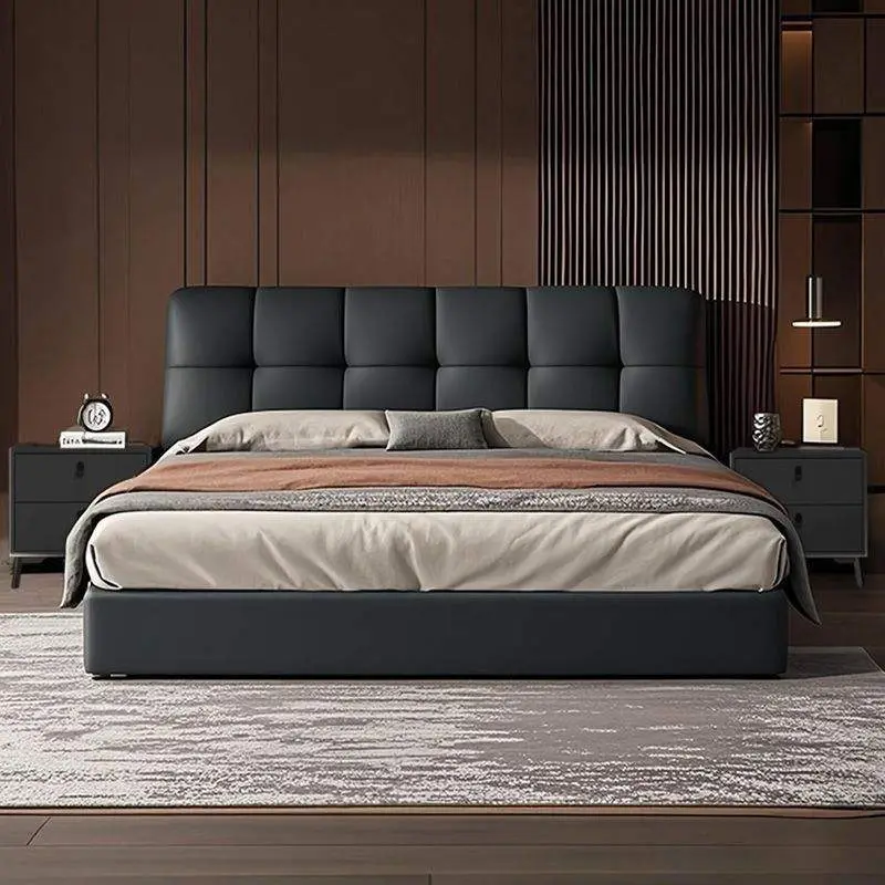 Italian Puff Minimalist Leather Bed Modern Light Luxury Master Bedroom Soft Leather Art Bed Up-Holstered Double Bed for Small — image 3