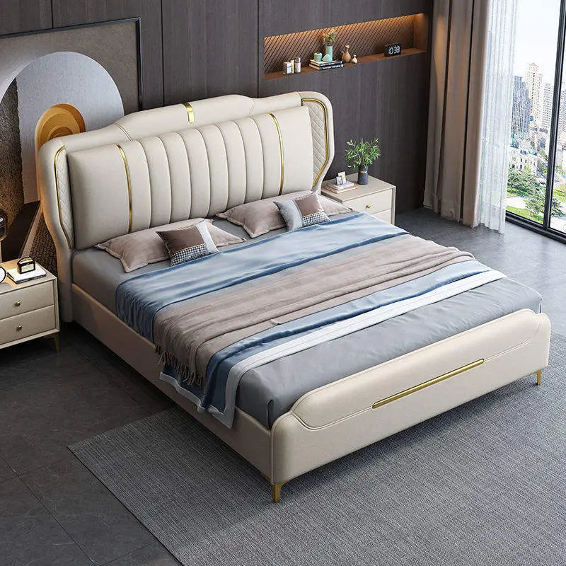 Modern Casual Luxury Italian Leather Double Bed with Soft Bag Wedding Bed Factory Whole Up-Holstered Beds — image 2