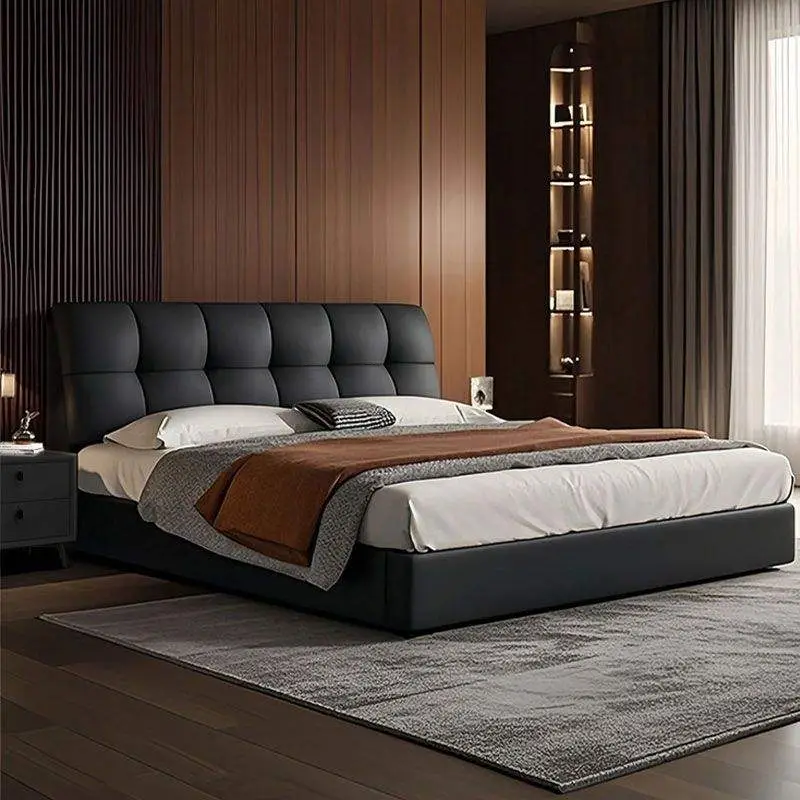 Italian Puff Minimalist Leather Bed Modern Light Luxury Master Bedroom Soft Leather Art Bed Up-Holstered Double Bed for Small — image 4
