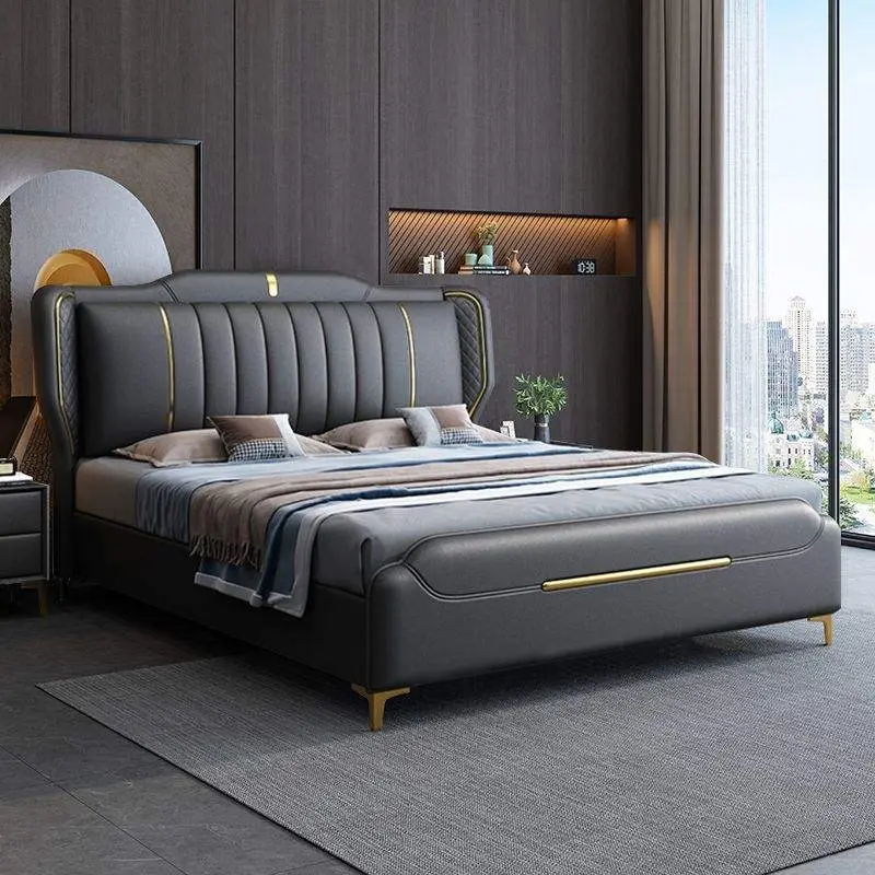 Modern Casual Luxury Italian Leather Double Bed with Soft Bag Wedding Bed Factory Whole Up-Holstered Beds — image 3