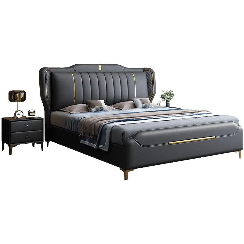Modern Casual Luxury Italian Leather Double Bed with Soft Bag Wedding Bed Factory Whole Up-Holstered Beds — image 4
