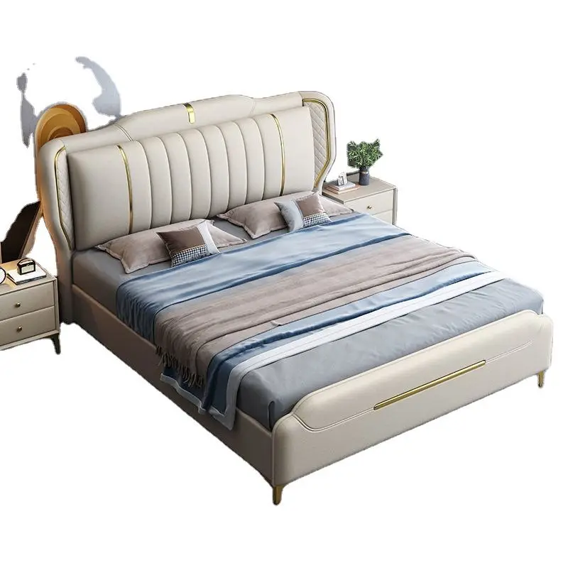 Modern Casual Luxury Italian Leather Double Bed with Soft Bag Wedding Bed Factory Whole Up-Holstered Beds — image 5
