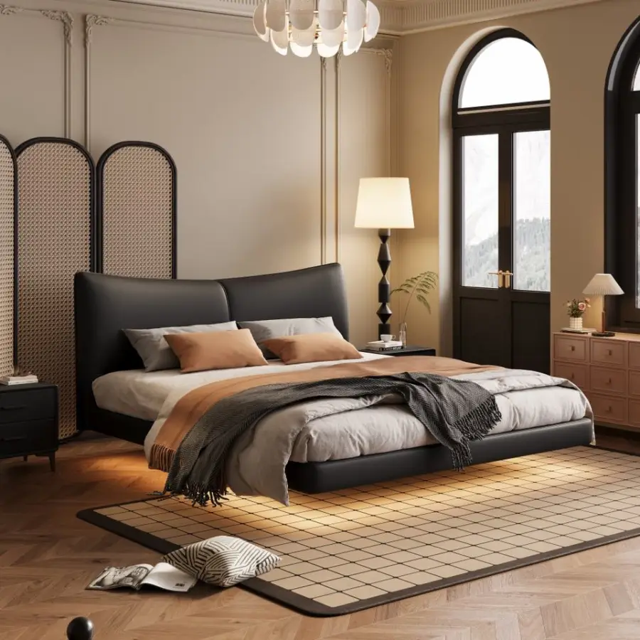 Modern Minimalist Genuine Leather Floating Bed Master Bedroom Small Apartment Light Luxury Italian Double Bed Furniture — view 1