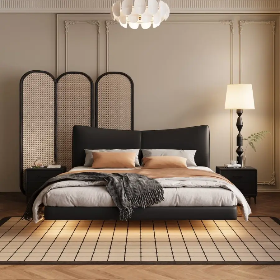 Modern Minimalist Genuine Leather Floating Bed Master Bedroom Small Apartment Light Luxury Italian Double Bed Furniture — image 2