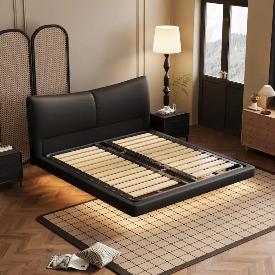 Modern Minimalist Genuine Leather Floating Bed Master Bedroom Small Apartment Light Luxury Italian Double Bed Furniture — image 3