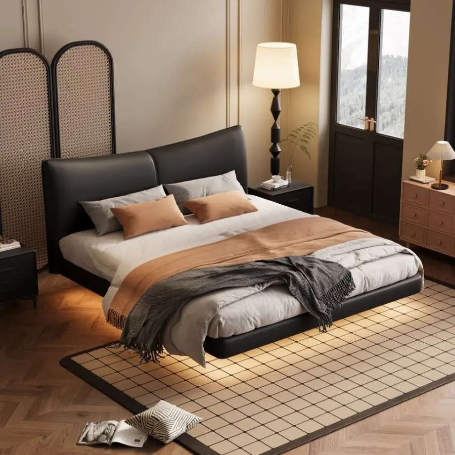Modern Minimalist Genuine Leather Floating Bed Master Bedroom Small Apartment Light Luxury Italian Double Bed Furniture — image 5