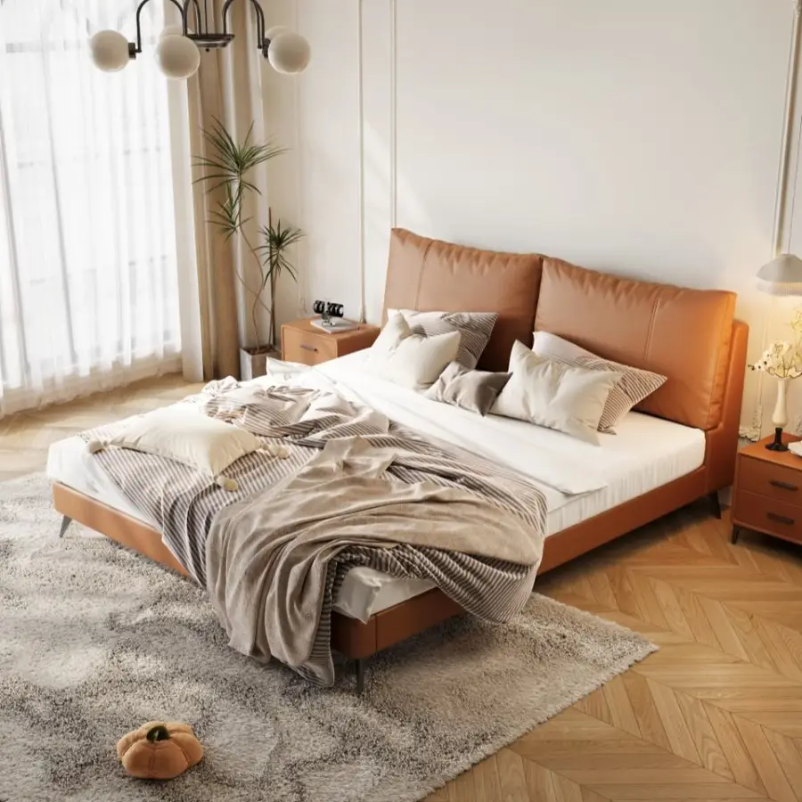 New Genuine Leather Bed, Modern Minimalist Floating Double Master Bedroom, High-end and Elegant Bed 2 X 2 m Soft-padded Bed. — image 2
