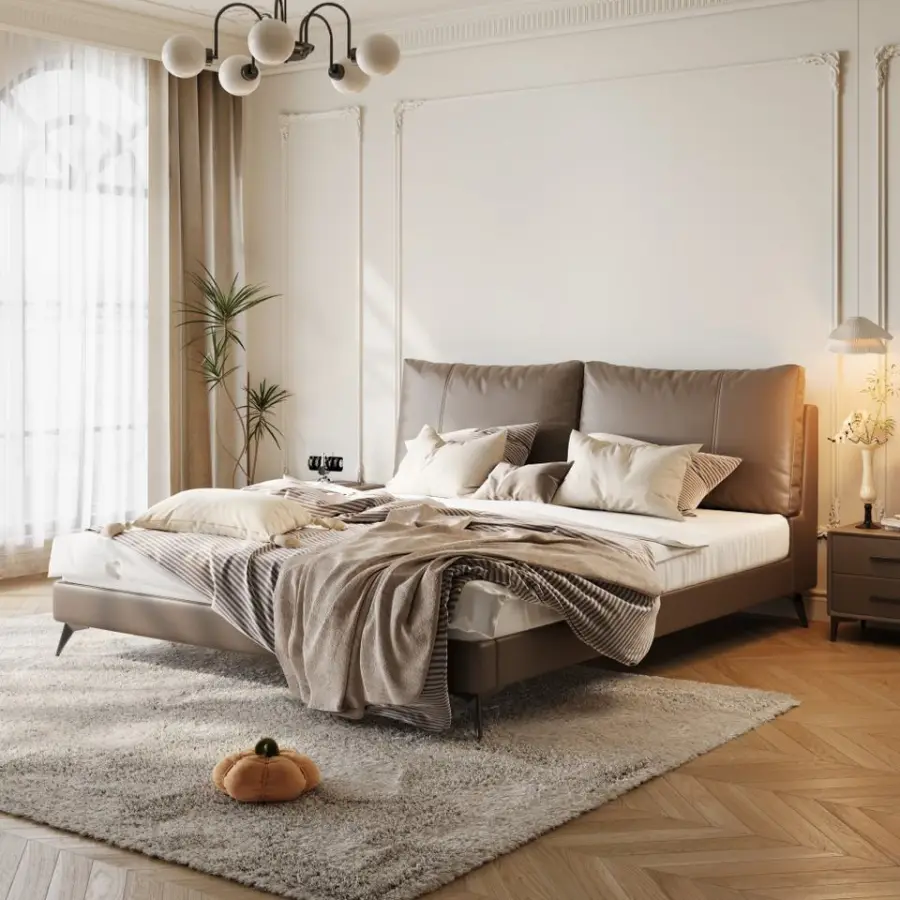 New Genuine Leather Bed, Modern Minimalist Floating Double Master Bedroom, High-end and Elegant Bed 2 X 2 m Soft-padded Bed. — image 4
