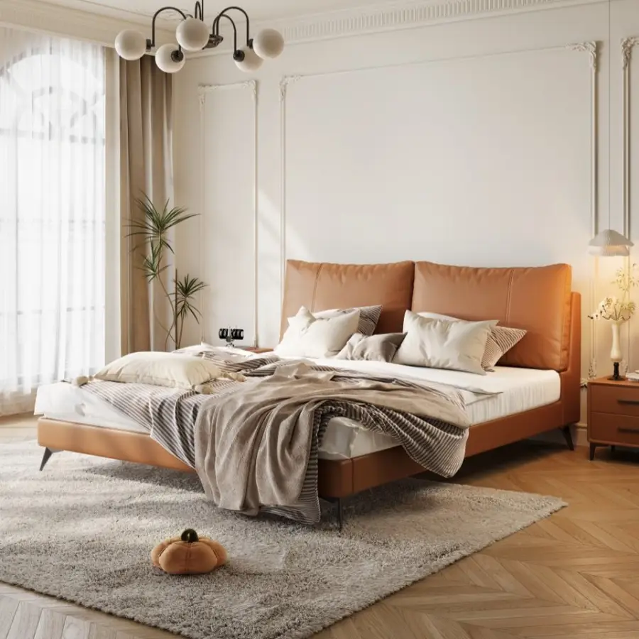 New Genuine Leather Bed, Modern Minimalist Floating Double Master Bedroom, High-end and Elegant Bed 2 X 2 m Soft-padded Bed. — image 5