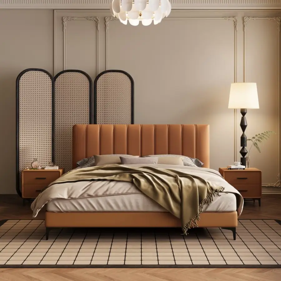 Modern Italian Leather Wooden Frame Suspended Double Bed High-end Master Bedroom Bed 2m X 2m Soft Bed — image 2