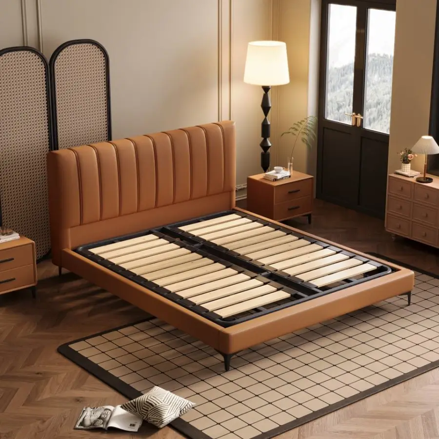 Modern Italian Leather Wooden Frame Suspended Double Bed High-end Master Bedroom Bed 2m X 2m Soft Bed — image 3