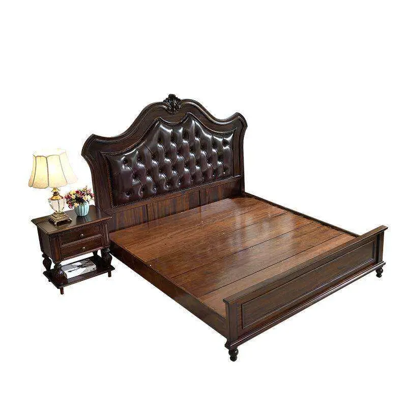 Solid Wood American Vintage Country Style Bed Carved Top-grain Leather Upholstery 1.8m Headboard Double Bed for Master B — view 1