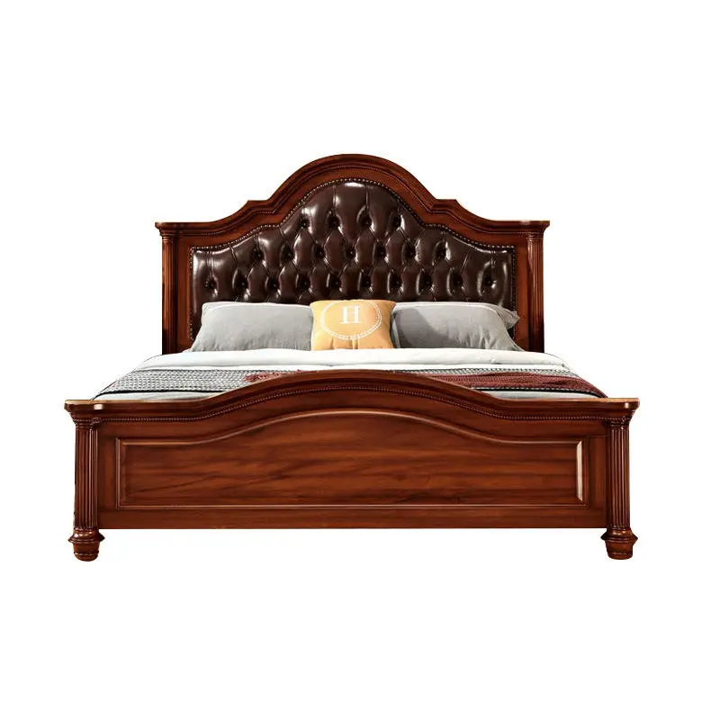American-style Solid Wood Genuine Leather Bed Slatted Bed Base Disassembled Roman-column Bedroom Upholstered — view 1