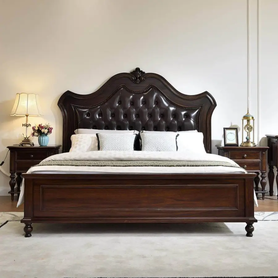 Solid Wood American Vintage Country Style Bed Carved Top-grain Leather Upholstery 1.8m Headboard Double Bed for Master Bedroom — image 2