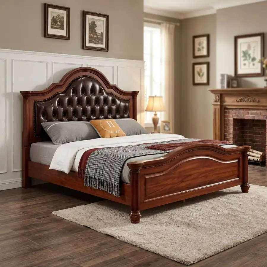 American-style Solid Wood Genuine Leather Bed Slatted Bed Base Disassembled Roman-column Bedroom Upholstered — view 2