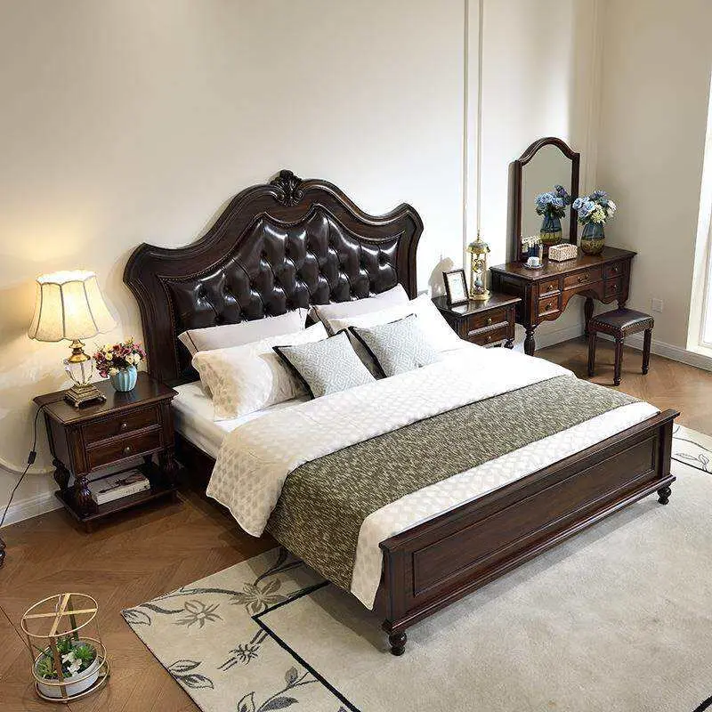Solid Wood American Vintage Country Style Bed Carved Top-grain Leather Upholstery 1.8m Headboard Double Bed for Master Bedroom — image 3